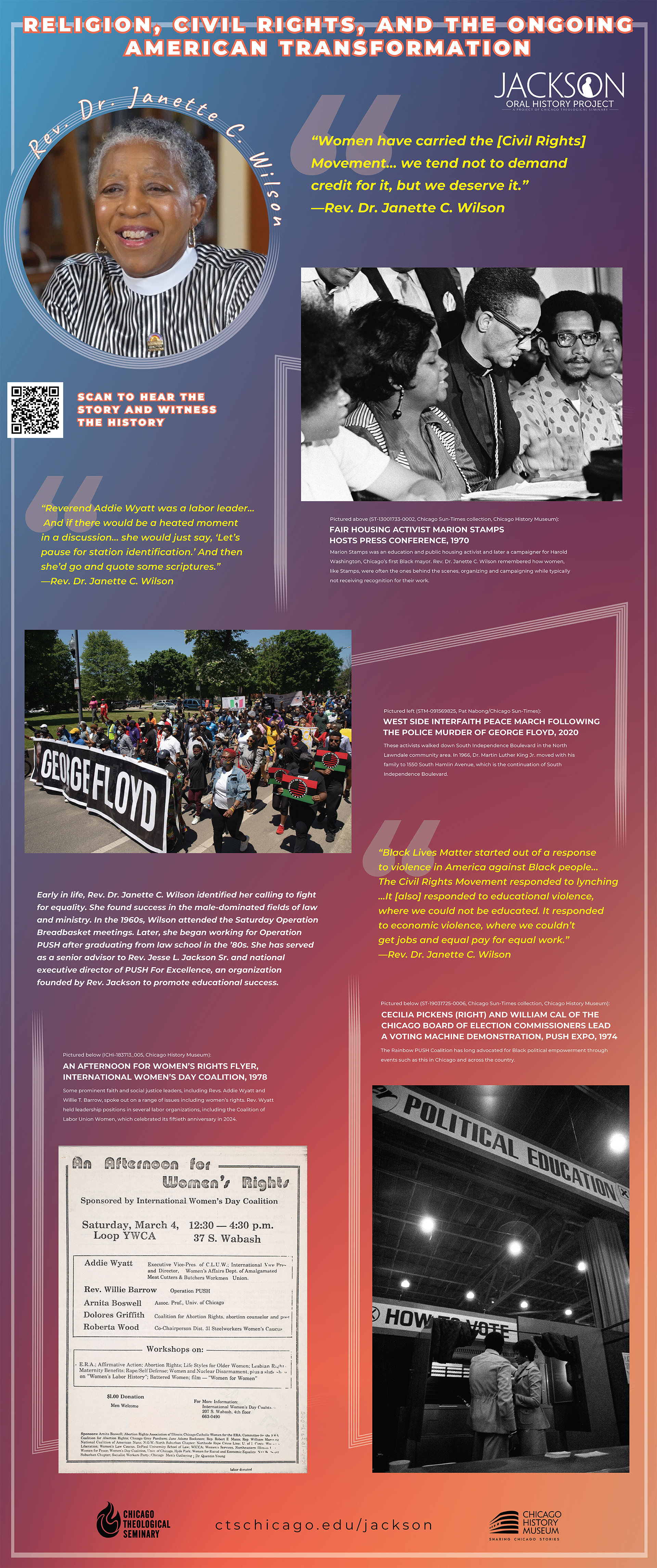 Rev. Jesse L. Jackson Oral History Project  exhibition featuring ten 33 by 80 inch pop-up banner panels displaying historical photographs, quotes, and QR codes linking to oral history video and audio recordings.